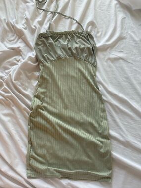 Sage Green Halter Ribbed Knit Dress